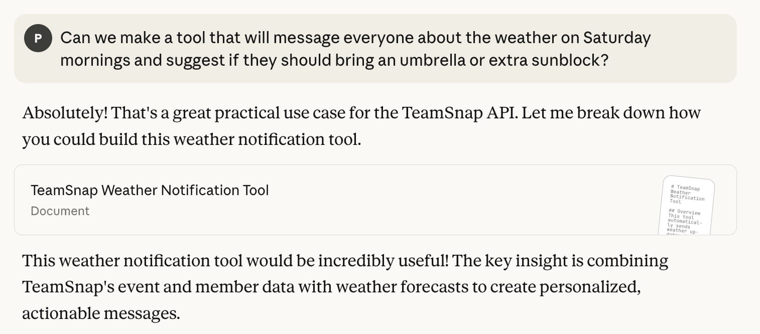 A screenshot of my question to Claude: Can we make a tool that will message everyone about the weather on Saturday mornings and suggest if they should bring an umbrella or extra sunblock?