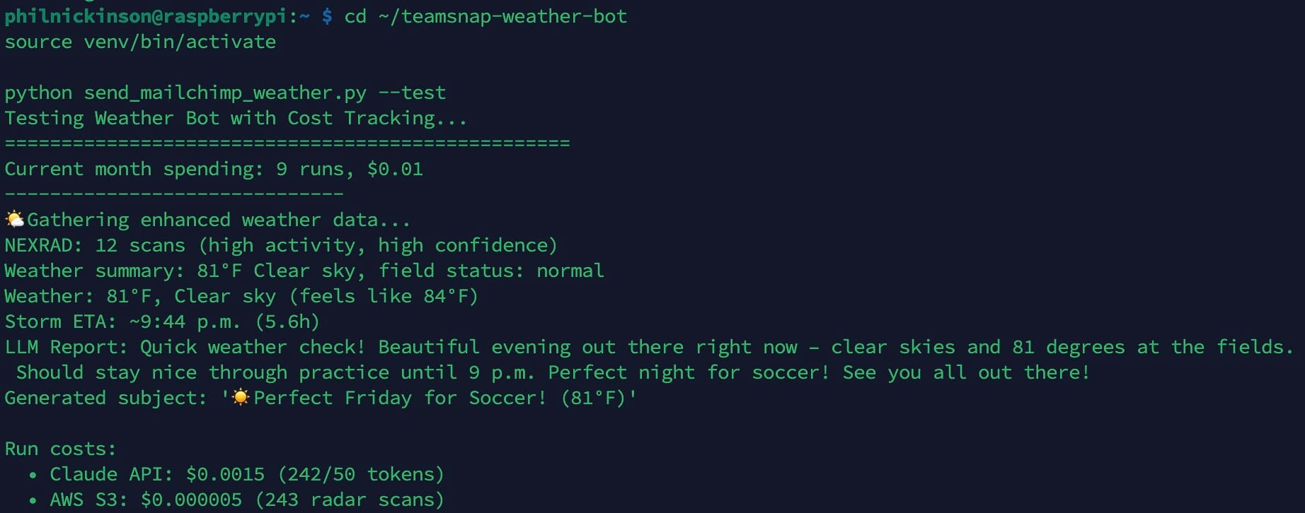A terminal view of the Weatherbot console output.