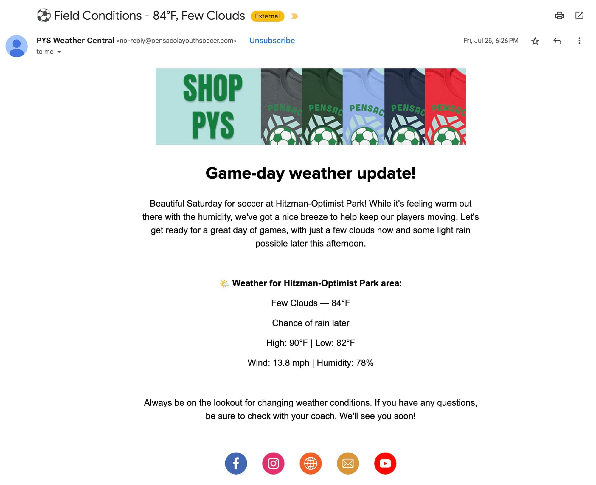 A screenshot of an early version of the Weatherbot email.
