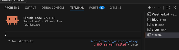 A screenshot of Claude code running in a terminal in VS Code.